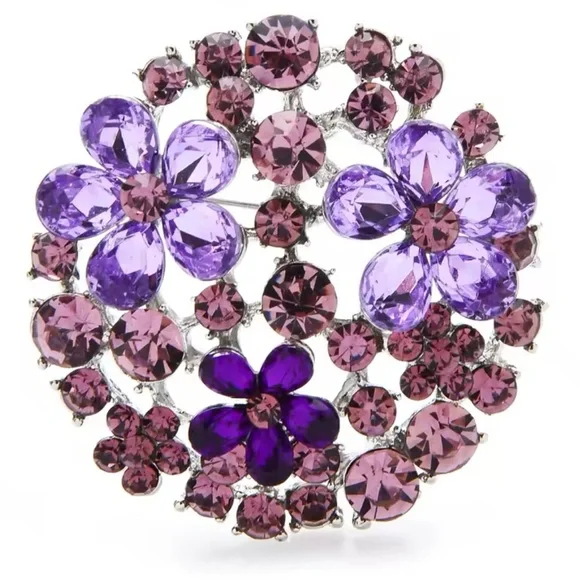 🌻 3/$25 Beautiful Purple Rhinestone Round Flower Brooch - Picture 6 of 8